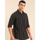 CAVALLO by Linen Club Men's Blended Linen Black Striped Contemporary Fit Full Sleeve Casual Shirt