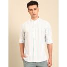 CAVALLO by Linen Club Men's Blended Linen White Striped Contemporary Fit Full Sleeve Casual Shirt