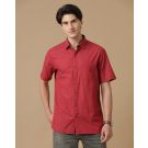 Men's Blended Linen Red Chambray Contemporary Fit Half Sleeve Casual Shirt