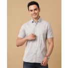 Men's Blended Linen Grey Chambray Contemporary Fit Half Sleeve Casual Shirt