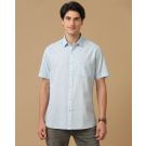 Men's Blended Linen Blue Chambray Contemporary Fit Half Sleeve Casual Shirt