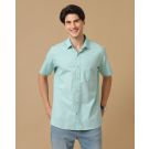 Men's Blended Linen Blue Chambray Contemporary Fit Half Sleeve Casual Shirt