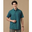 Men's Blended Linen Green Chambray Contemporary Fit Half Sleeve Casual Shirt