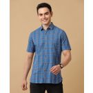 Men's Blended Linen Blue Checked Contemporary Fit Half Sleeve Casual Shirt