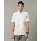Men's Blended Linen White Checked Contemporary Fit Half Sleeve Casual Shirt