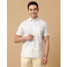 Men's Blended Linen White Checked Contemporary Fit Half Sleeve Casual Shirt
