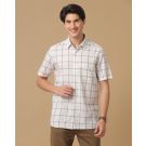 Men's Blended Linen White Checked Contemporary Fit Half Sleeve Casual Shirt