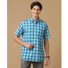 Men's Blended Linen Blue Checked Contemporary Fit Half Sleeve Casual Shirt