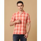Men's Blended Linen Orange Checked Contemporary Fit Half Sleeve Casual Shirt