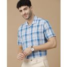 Men's Blended Linen Blue Checked Contemporary Fit Half Sleeve Casual Shirt