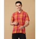 Men's Blended Linen Red Checked Contemporary Fit Half Sleeve Casual Shirt