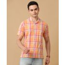 Men's Blended Linen Orange Checked Contemporary Fit Half Sleeve Casual Shirt