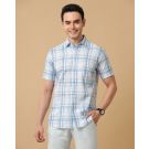 Men's Blended Linen Blue Checked Contemporary Fit Half Sleeve Casual Shirt