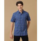 Men's Blended Linen Blue Checked Contemporary Fit Half Sleeve Casual Shirt