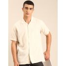 CAVALLO by Linen Club Men's Blended Linen Off White Printed Contemporary Fit Half Sleeve Casual Shirt