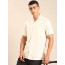 CAVALLO by Linen Club Men's Blended Linen Off White Printed Contemporary Fit Half Sleeve Casual Shirt