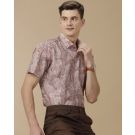 Men's Blended Linen Purple Printed Contemporary Fit Half Sleeve Casual Shirt