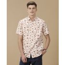 Men's Blended Linen Beige Printed Contemporary Fit Half Sleeve Casual Shirt