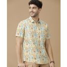 Men's Blended Linen Yellow Printed Contemporary Fit Half Sleeve Casual Shirt