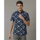 Men's Blended Linen Black Printed Contemporary Fit Half Sleeve Casual Shirt