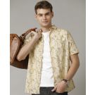 Men's Blended Linen Yellow Printed Contemporary Fit Half Sleeve Casual Shirt
