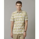 Men's Blended Linen Yellow Printed Contemporary Fit Half Sleeve Casual Shirt