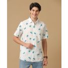 Men's Blended Linen Blue Printed Contemporary Fit Half Sleeve Casual Shirt