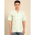 CAVALLO by Linen Club Men's Blended Linen Turquoise Printed Contemporary Fit Half Sleeve Casual Shirt