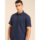 CAVALLO by Linen Club Men's Blended Linen Navy Solid Contemporary Fit Half Sleeve Casual Shirt