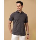 Men's Blended Linen Grey Solid Contemporary Fit Half Sleeve Casual Shirt