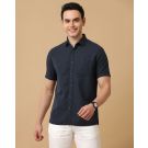 Men's Blended Linen Navy Solid Contemporary Fit Half Sleeve Casual Shirt
