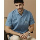 Men's Blended Linen Blue Solid Contemporary Fit Half Sleeve Casual Shirt