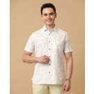 Men's Blended Linen White Printed Contemporary Fit Half Sleeve Casual Shirt