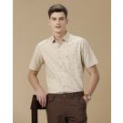 Men's Blended Linen Beige Printed Contemporary Fit Half Sleeve Casual Shirt