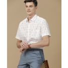 Men's Blended Linen White Printed Contemporary Fit Half Sleeve Casual Shirt