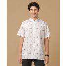 Men's Blended Linen White Printed Contemporary Fit Half Sleeve Casual Shirt