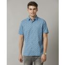 Men's Blended Linen Blue Printed Contemporary Fit Half Sleeve Casual Shirt