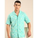 CAVALLO by Linen Club Men's Blended Linen Mint Green Printed Contemporary Fit Half Sleeve Casual Shirt