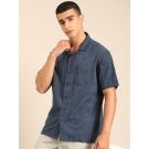 CAVALLO by Linen Club Men's Blended Linen Dark Blue Printed Contemporary Fit Half Sleeve Casual Shirt