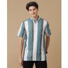 Men's Blended Linen Blue Striped Contemporary Fit Half Sleeve Casual Shirt