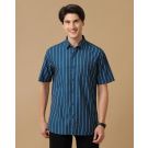 Men's Blended Linen Blue Striped Contemporary Fit Half Sleeve Casual Shirt