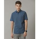 Men's Blended Linen Blue Striped Contemporary Fit Half Sleeve Casual Shirt