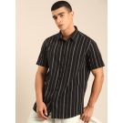 CAVALLO by Linen Club Men's Blended Linen Black Striped Contemporary Fit Half Sleeve Casual Shirt