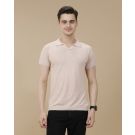 CAVALLO by Linen Club Men's Linen Cotton Peach Solid Contemporary Fit Half Sleeve Polo Neck T-Shirt