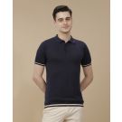 CAVALLO by Linen Club Men's Linen Cotton Navy Blue Solid Contemporary Fit Half Sleeve Polo Neck T-Shirt
