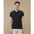 CAVALLO by Linen Club Men's Linen Cotton Navy Blue Solid Contemporary Fit Half Sleeve Polo Neck T-Shirt