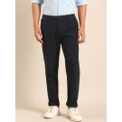 CAVALLO by Linen Club Men's Blended Linen Dark Blue Solid Contemporary Fit Casual Trouser
