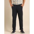 CAVALLO by Linen Club Men's Blended Linen Dark Blue Solid Contemporary Fit Casual Trouser