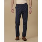 Mens Linen Navy Blue Solid Contemporary Fit Casual Trousers