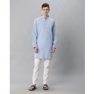 Mens Blended Linen Blue Solid Regular Fit Kurta